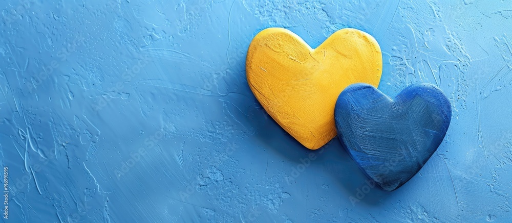 Obraz premium A yellow and blue heart shape symbolizes love and awareness set against a blue backdrop with space for additional content in the image