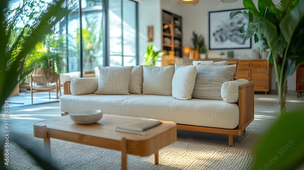 Light living room with folding screen comfortable sofa coffee table and chest of drawers : Generative AI Light living room with folding screen comfortable sofa coffee table and chest of drawers : Generative AI