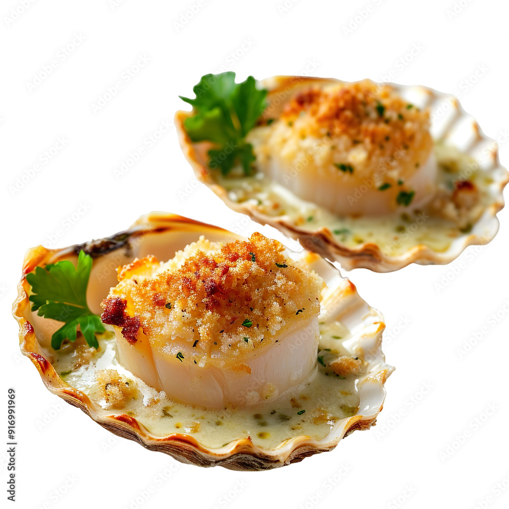 front view of Coquilles Saint-Jacques (gratinéed scallops) with a creamy sauce and breadcrumbs, isolated on a white transparent background
front view of Coquilles Saint-Jacques (gratinéed scallops) with a creamy sauce and breadcrumbs, isolated on a white transparent background
