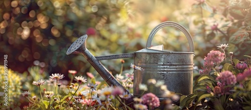 Fototapeta Naklejka Na Ścianę i Meble -  Gardening with a metallic watering can in a peaceful setting with blooming flowers shown in a serene copy space image