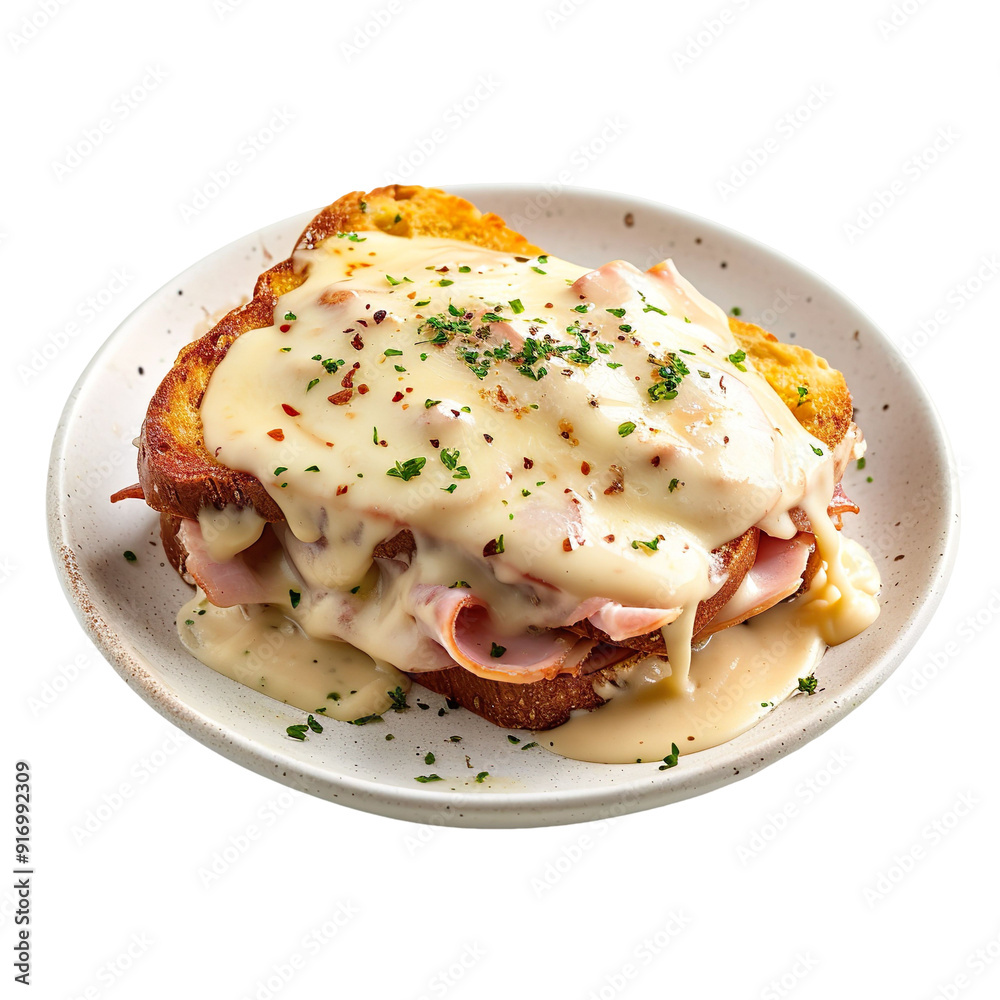 front view of Croque Monsieur (grilled ham and cheese sandwich) with a creamy béchamel sauce, isolated on a white transparent background
front view of Croque Monsieur (grilled ham and cheese sandwich) with a creamy béchamel sauce, isolated on a white transparent background