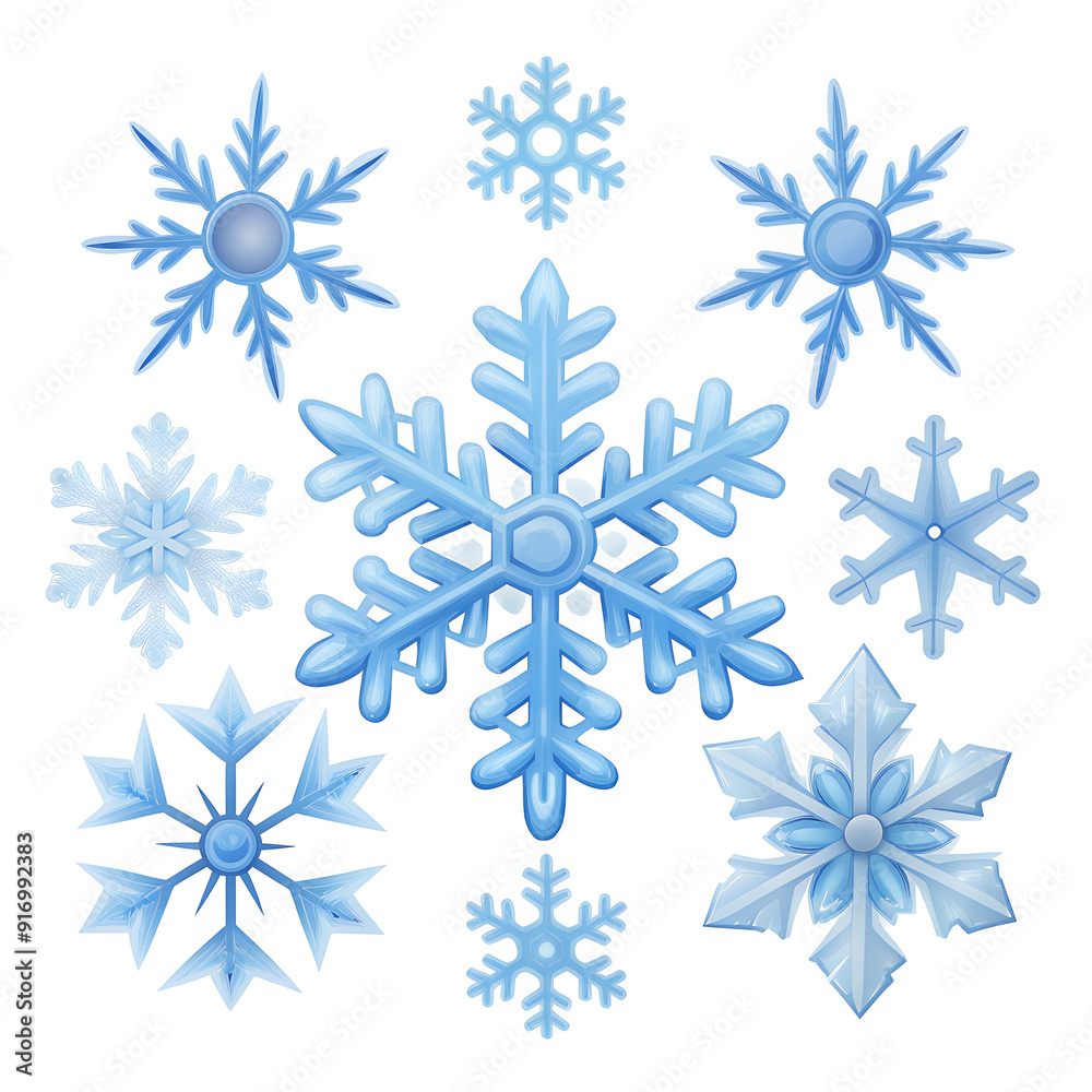 Set of blue snowflakes of different shapes in hand-drawn style on a white background Set of blue snowflakes of different shapes in hand-drawn style on a white background
