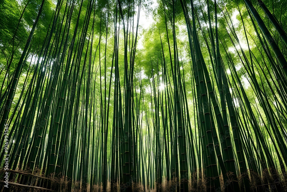 A peaceful bamboo forest where shafts of light break through the dense canopy, creating a play of light and shadow on the forest floor. The tall bamboo stalks sway gently in the breeze A peaceful bamboo forest where shafts of light break through the dense canopy, creating a play of light and shadow on the forest floor. The tall bamboo stalks sway gently in the breeze