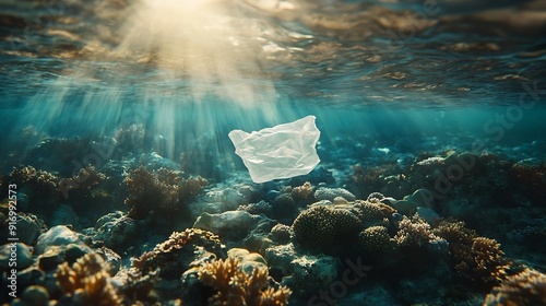 Ocean pollution concept plastic bag floating in the water at the coral reef with copy space : Generative AI