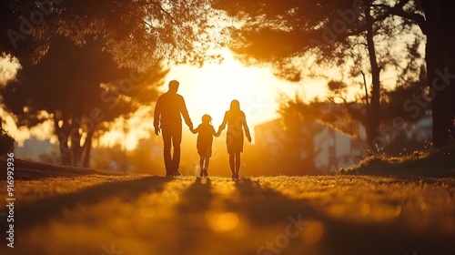 people in the park happy family walking silhouette at sunset mom dad and daughters walk holding hands in park happy family childhood dream concept parents and children sun go back silh : Generative AI photo