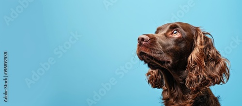 Brown English Cocker Spaniel dog with copy space on blue background is charming