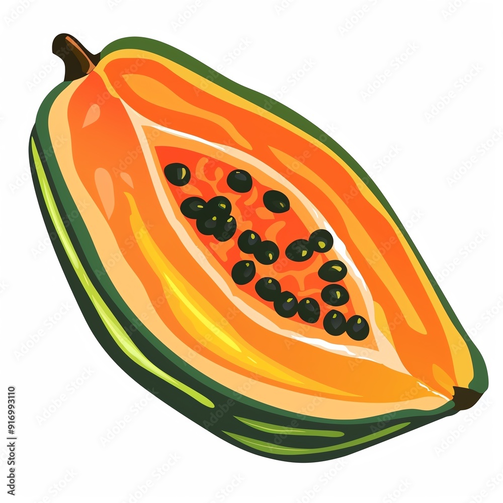 Vibrant illustration of a halved papaya with black seeds and colorful flesh. Perfect for tropical or healthy food themes. Vibrant illustration of a halved papaya with black seeds and colorful flesh. Perfect for tropical or healthy food themes.