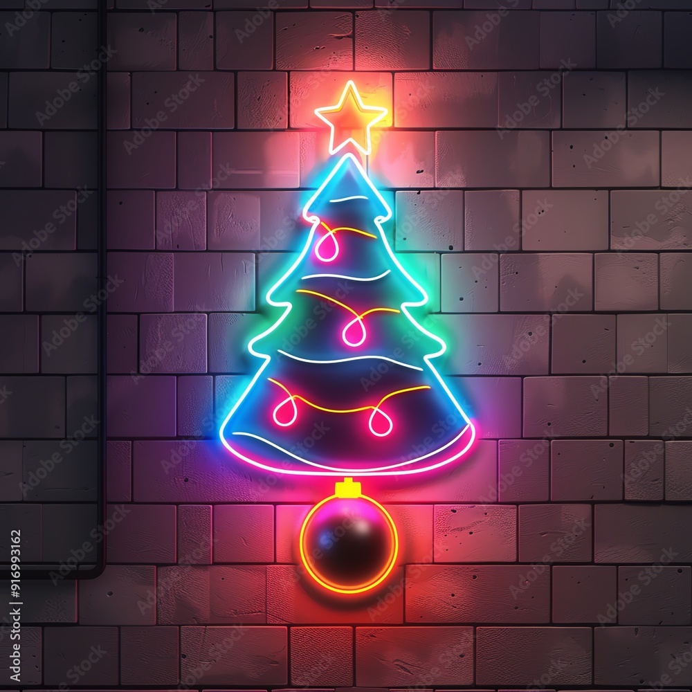 Vibrant neon Christmas tree sign glowing on a dark brick wall, capturing festive holiday spirit with colorful, illuminated design. Vibrant neon Christmas tree sign glowing on a dark brick wall, capturing festive holiday spirit with colorful, illuminated design.