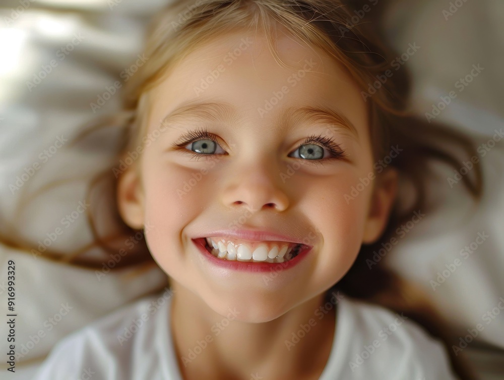 Young girl with bright blue eyes and curly hair smiling warmly indoors during daylight Young girl with bright blue eyes and curly hair smiling warmly indoors during daylight