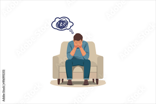 A man suffering from headache at workplace, having problems thinking about troubles. Stressed guy sitting at arm chair in office. vector, illustration