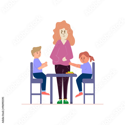 Teacher with two children, classroom vector illustration