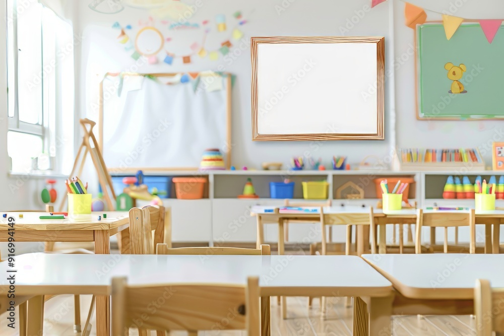 Blank whiteboard for mockup in kindergarten room Blank whiteboard for mockup in kindergarten room