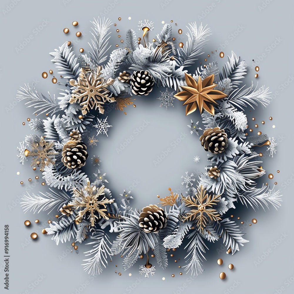 Elegant Christmas wreath adorned with pine cones, snowflakes, and golden ornaments, perfect for holiday decorations and festive ambiance. Elegant Christmas wreath adorned with pine cones, snowflakes, and golden ornaments, perfect for holiday decorations and festive ambiance.