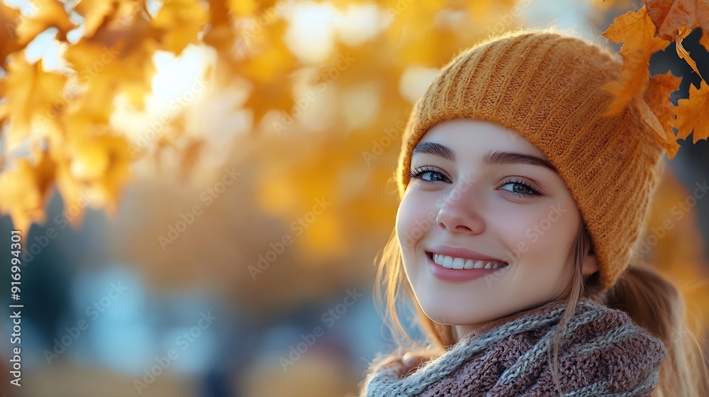 Smiling young woman enjoys the autumn weather at the maple tree with the yellow leaves at sunset : Generative AI Smiling young woman enjoys the autumn weather at the maple tree with the yellow leaves at sunset : Generative AI