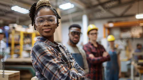 Confident afro american young woman in safety glasses stands before students in a workshop photo