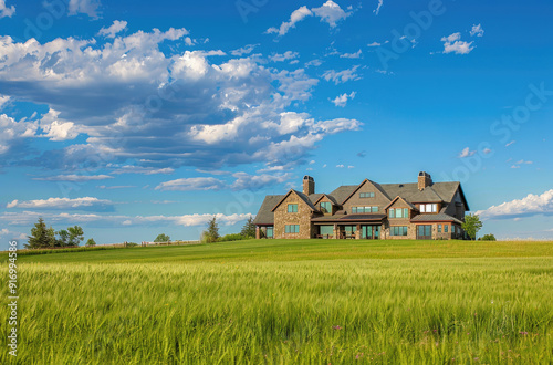 a large home in Colorado with green grass, blue sky, and tall grain fields