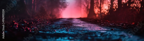 Spooky haunted trail, eerie atmosphere, vibrant colors, night setting photo