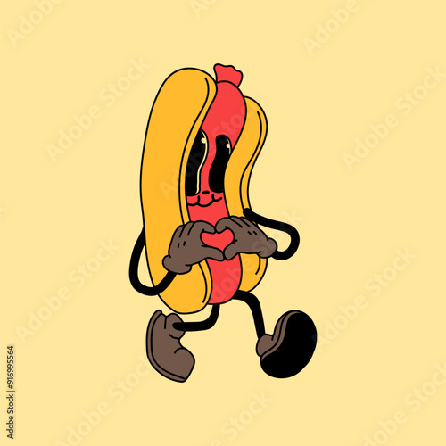 Retro Hot Dog mascot character. 40s, 50s, 60s old animation style. Oktoberfest mascot