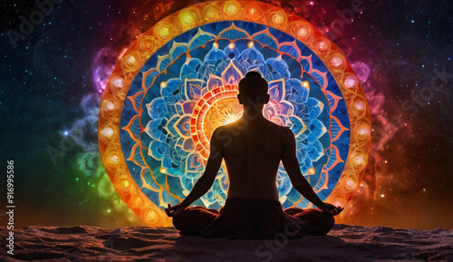 Person in a yoga pose, seven glowing chakras aligned on their body. Vibrant energy patterns swirl around, set against a vast, tranquil universe backdrop, symbolizing balance, energy, and inner peace.