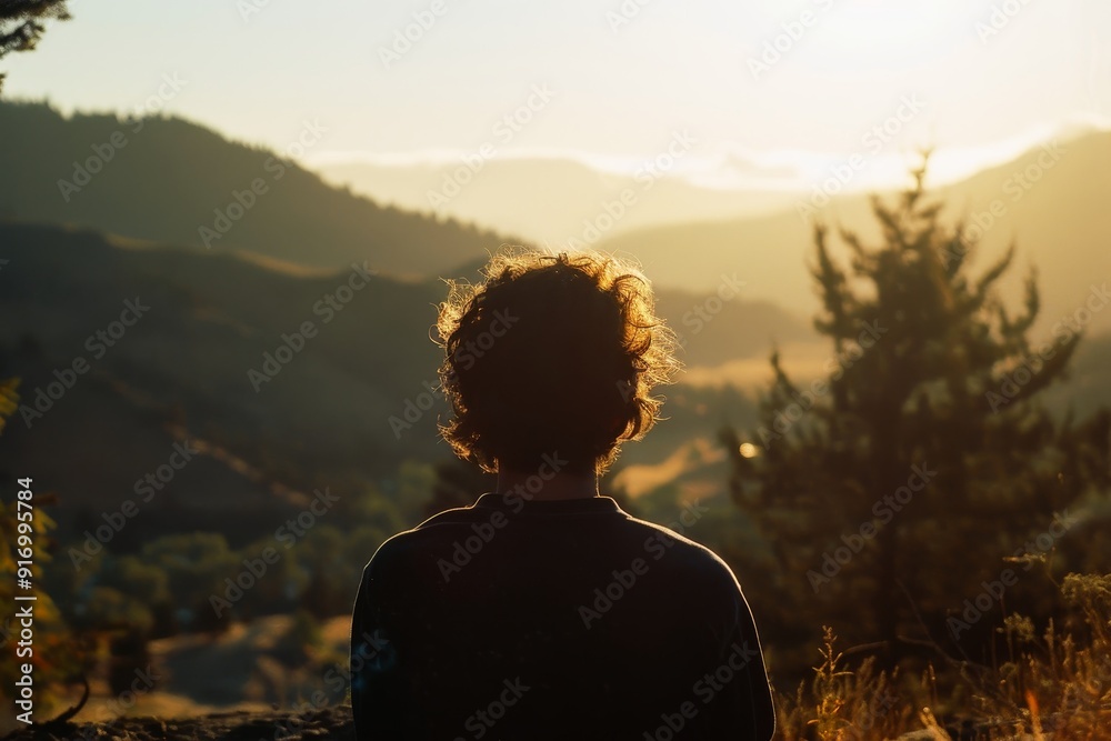 A person with their back to the camera gazing out at a scenic view with soft light outlining their figure. A person with their back to the camera gazing out at a scenic view with soft light outlining their figure.