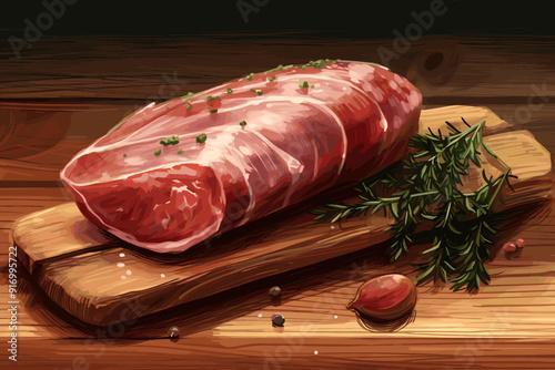 Grilled beef steak with rosemary, mushrooms and tomato. Watercolor hand drawn illustration isolated on white background.
