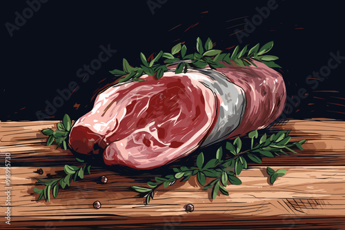 Grilled beef steak with rosemary, mushrooms and tomato. Watercolor hand drawn illustration isolated on white background.
