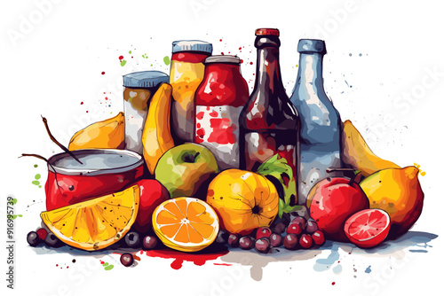 set of fruit in watercolor style vector illustration, blueberries, orange, apple, pear
