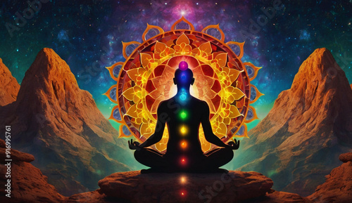 Person in a yoga pose, seven glowing chakras aligned on their body. Vibrant energy patterns swirl around, set against a vast, tranquil universe backdrop, symbolizing balance, energy, and inner peace.