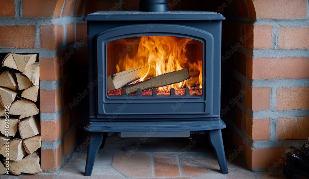 Wood-Burning Stove with Firewood Stacked on Both Sides, Surrounded by Arched Brick Wall and Fireplace Wood-Burning Stove with Firewood Stacked on Both Sides, Surrounded by Arched Brick Wall and Fireplace