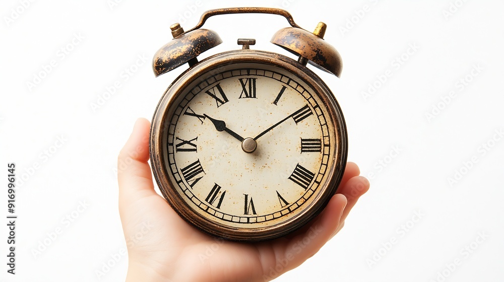 Large retro alarm clock in a childs hand Closeup White background Eight oclock in the morning Vertical banner : Generative AI Large retro alarm clock in a childs hand Closeup White background Eight oclock in the morning Vertical banner : Generative AI