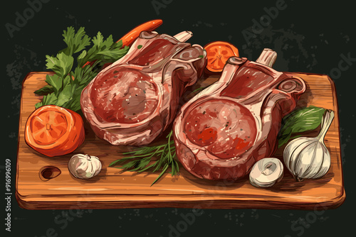 Grilled beef steak with rosemary, mushrooms and tomato. Watercolor hand drawn illustration isolated on white background.
