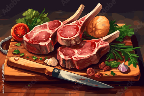 Grilled beef steak with rosemary, mushrooms and tomato. Watercolor hand drawn illustration isolated on white background.
