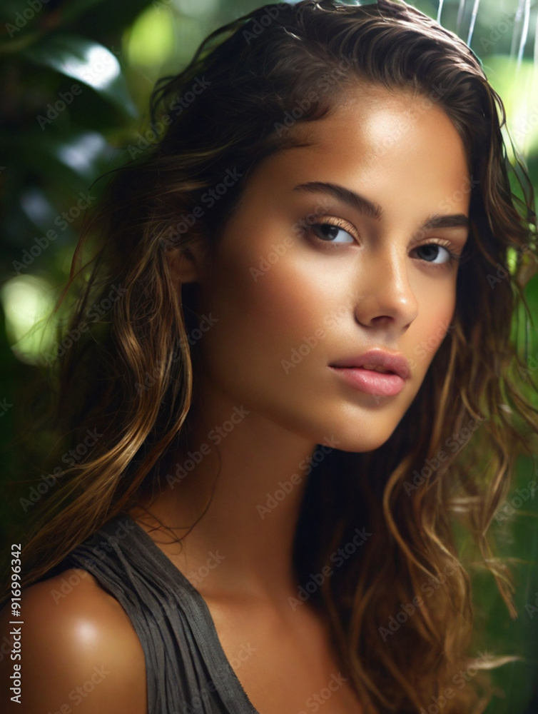 Portrait of gorgeous natural beautiful woman in the forest under morning sunlight, Concept of harmony, beauty and unity with nature.