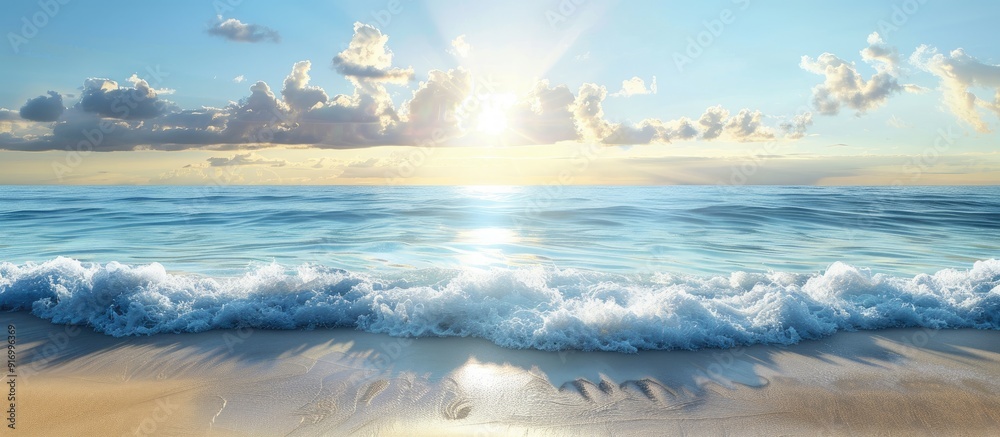 A serene beach scene with the horizon meeting the sky over calm waves in the foreground perfect for copy space image A serene beach scene with the horizon meeting the sky over calm waves in the foreground perfect for copy space image