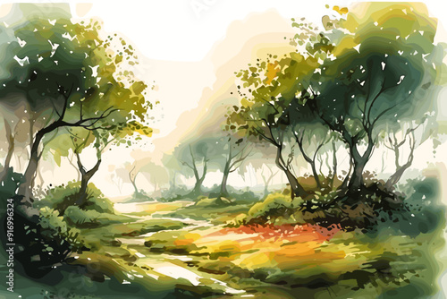 Abstract watercolor Beautiful village illustration nature landscape painting
