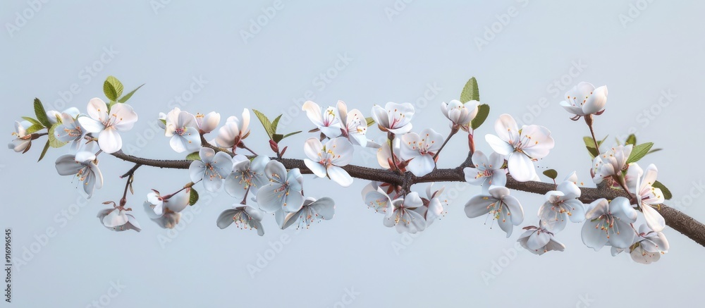 Close up of a cherry blossom branch with a clear sky in the background providing copy space for images Close up of a cherry blossom branch with a clear sky in the background providing copy space for images