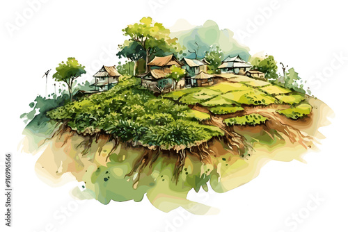 Abstract watercolor Beautiful village illustration nature landscape painting
