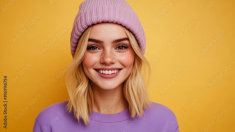 Smiling young blonde excited fun caucasian woman 20s with bob haircut bright makeup wearing basic purple shirt violet beanie hat looking camera isolated on yellow color background stud : Generative AI