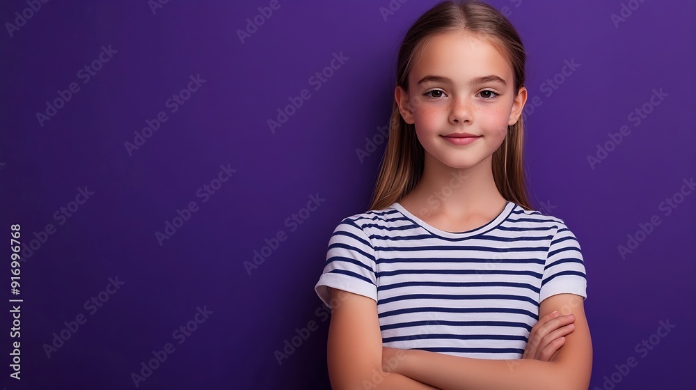 Fototapeta premium Photo of funny optimistic cute girl with straight hairdo wear striped tshirt hold arm on waist isolated on purple color background : Generative AI