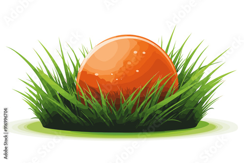 White golf ball in the long grass, closeup on white background
