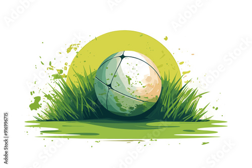 White golf ball in the long grass, closeup on white background
