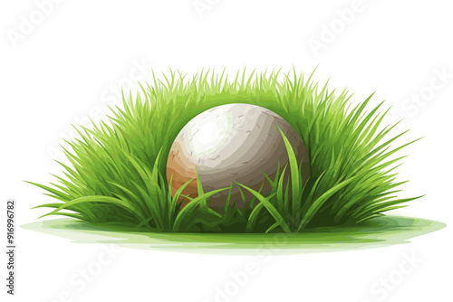 White golf ball in the long grass, closeup on white background
