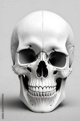 White human skull 3d render front view in studio