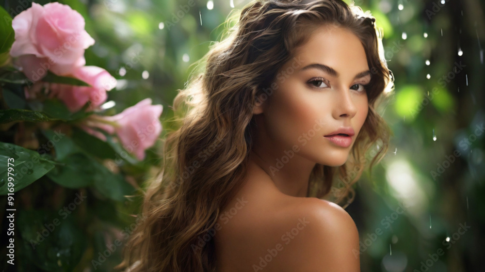 Fashion portrait of gorgeous woman with flowers and leaves, Concept of harmony, beauty and unity with nature. Fashion portrait of gorgeous woman with flowers and leaves, Concept of harmony, beauty and unity with nature.