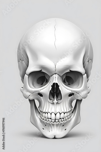White human skull 3d render front view in studio light , clean isolated background