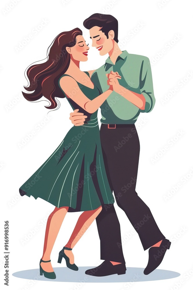 Illustration of a Happy Couple Dancing Together in Retro Style with Elegant Green Outfits Illustration of a Happy Couple Dancing Together in Retro Style with Elegant Green Outfits