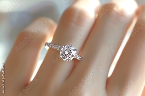 Woman's finger wearing a diamond ring. Jewelry store advertising concept. Woman's hand wearing an engagement ring
