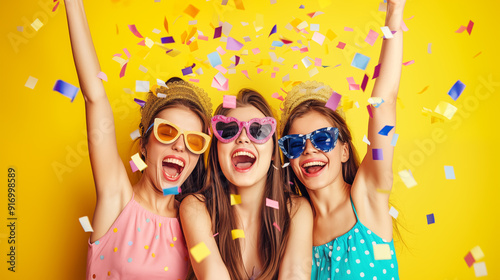 Three teenage friends in party glasses under falling confetti against bright yellow background