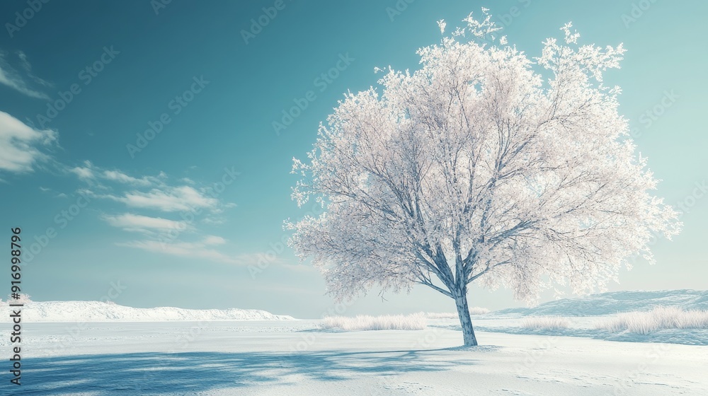 A lone snow-covered tree stands in a frozen field against a bright blue sky. A lone snow-covered tree stands in a frozen field against a bright blue sky.