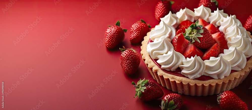 Naklejka premium Red velvet tart with strawberries and whipped cream on a red background copy space image